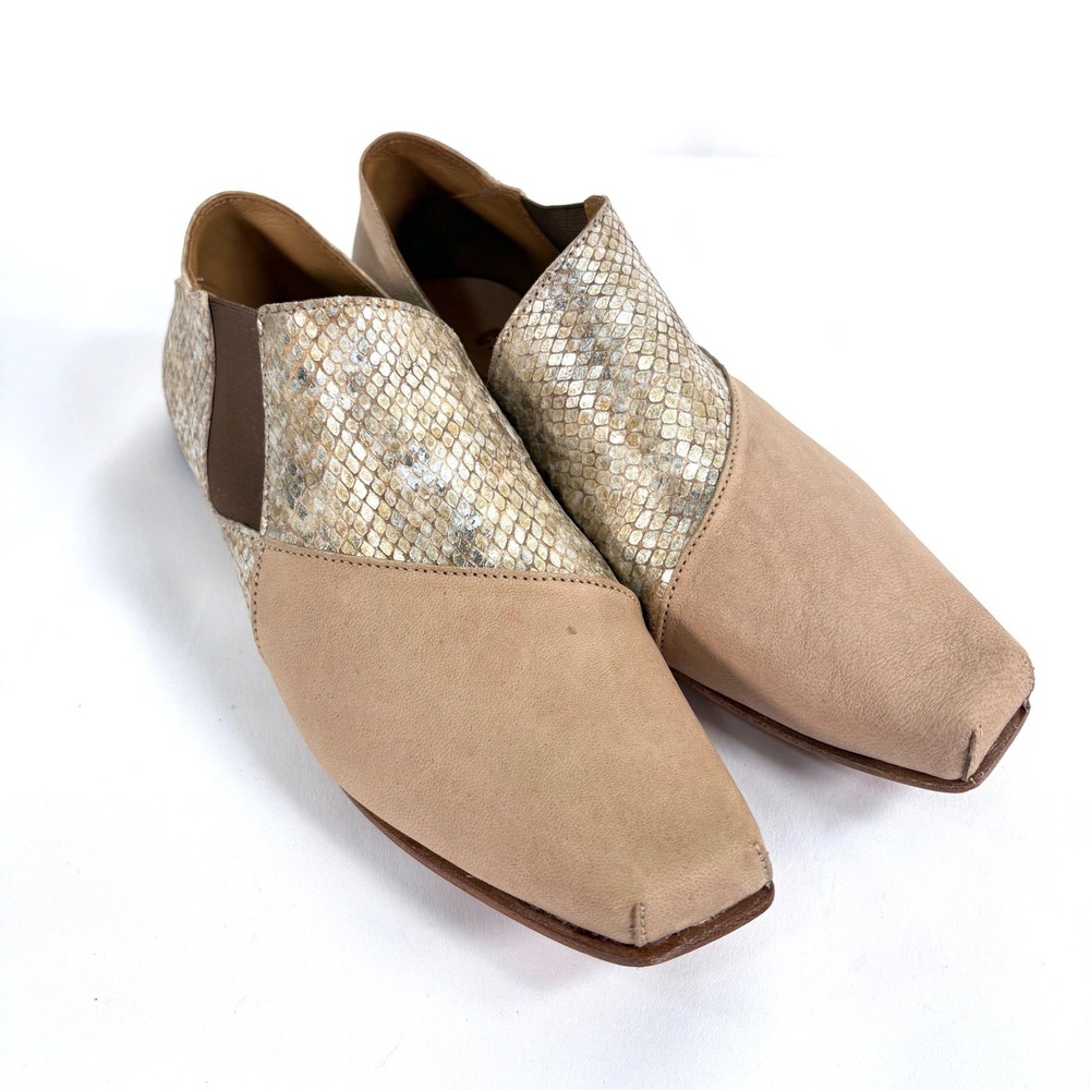 Cydwoq Vintage Loafers Tan Metallic Snakeskin Square Toe Shoes US 7.5 EU 37.5
